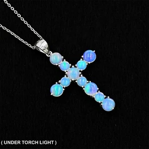 Natural Fire Opal Cab Holy Cross Pendant 925 Sterling Silver October Birthstone - Picture 1 of 4