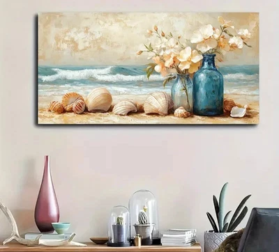 Vibrant Beach Blue Vase White Flowers & shellUnframed Canvas Painting for Living - Image 1 of 4