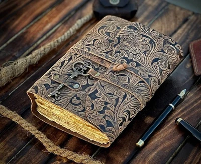 Floral Embossed Leather Notebook | Handmade Vintage Journal with Key Lock Gift. - Image 1 of 4