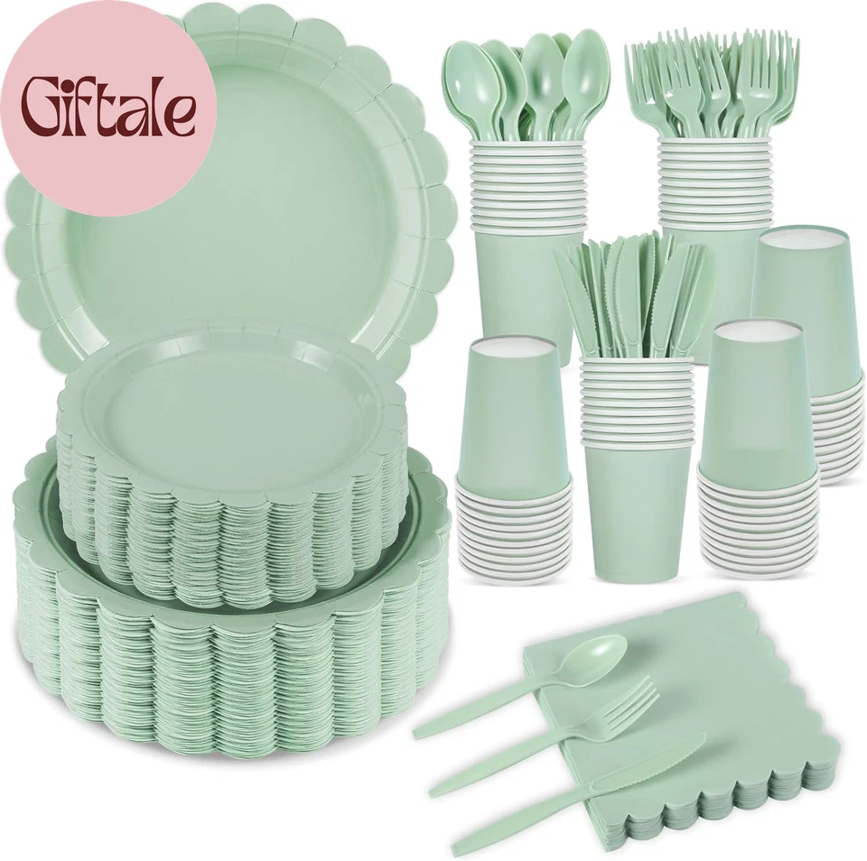 350 peças pratos e guardanapos de papel verde sálvia, suprimentos para festa verde sálvia incluem G - Imagem 1 de 4