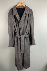 HICKEY FREEMAN Mens Wool Tweed Herringbone Belted Long Overcoat Top Coat 44R VTG - Picture 1 of 13