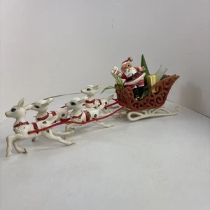 Vintage Plastic Santa Claus 4 White Reindeer Flocked Sleigh Blow Mold MCM - Picture 1 of 7