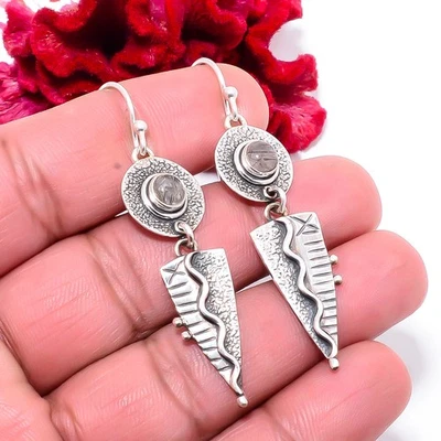 Black Rutilated Quartz - Brazil Handmade 925 Sterling Silver Earring 2.34" E8328 - Image 1 of 4