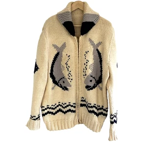 Vintage Cowichan Wool Sweater Fish Angler Zip Front Chunky Knit Size L? XL? XXL? - Picture 1 of 11