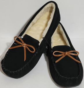 Joyspun Women's Black Genuine Suede Moccasin Slippers Size 8W NEW WITHOUT BOX