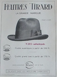 PUBLICITE CHAPEAUX FEUTRES TIRARD LUXE CASTORIA GRANDE MARQUE DE 1927 FRENCH AD - Picture 1 of 1