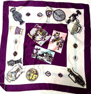 复古非常柔软的丝绸,30 英寸方形。 围巾, 紫色, 中国人头巾印花 — 第 1/4 张图片