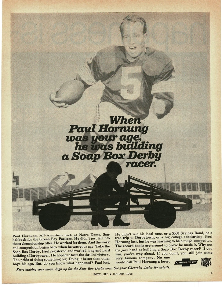 Chevy 1968 caja de jabón Derby Paul Hornung Green Bay Packers anuncio impreso vintage Foto 1 de 1