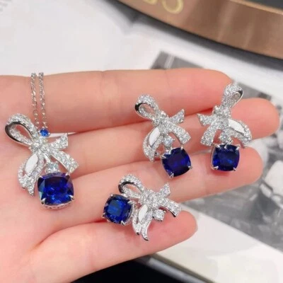 3pc Set Bowknot Royal Blue Topaz Gems Charm Women Silver Earring Necklace Ring - Image 1 of 4
