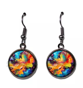 Unique Abstract Splash of Color - Handmade Round Resin Dangling Earrings 16mm - Picture 1 of 10