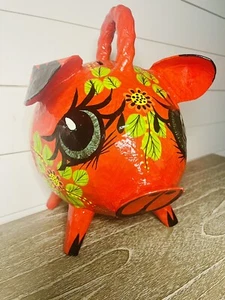 Mexican Hand Painted Paper Mache Red Piggy Bank w Green Eye Folk Art Mid Century - Picture 1 of 7