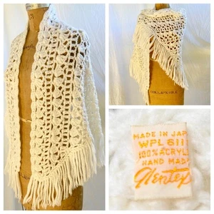 vtg 60s GLENTEX Mod Crocheted White Grannycore Shawl Wrap Scarf Fringe Japan - Picture 1 of 8