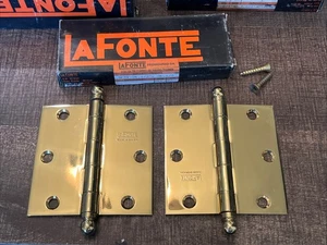 Vintage NOS Pair LaFonte 3.5x 3.5 Brass Door Hinges Cannon Ball Tips Screws Box - Picture 1 of 8