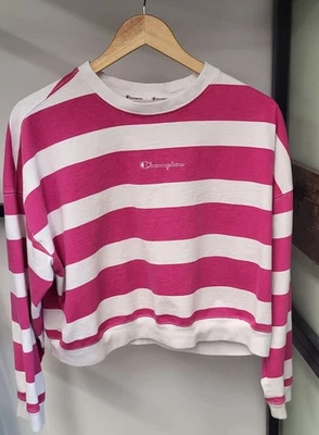 Champion Women's Large Pink White Striped Cropped Pullover Shirt - Image 1 of 4
