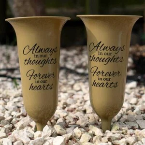 Set of 2 Gold Forever in Our Hearts Fluted Spiked Memorial Grave Flower Vases - Picture 1 of 5