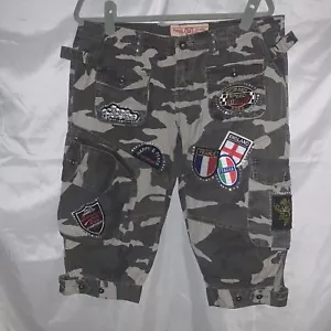 TELL Premium Surplus Womens Camo Cargo Capris Army Bling Patches Sz XL Skulls - Picture 1 of 12