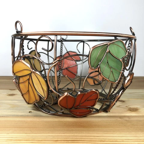 Hanging Metal Basket with Stained Glass Leaf accents, Beautifully Hand Made Cover