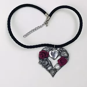 Mixed Media Heart Pendant Hearts Ribbon Roses Stamped Mexico One-of-a-Kind  14” - Picture 1 of 4