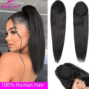 Straight Ponytail Human Hair Extension With Clip In Drawstring Remy Hair Pieces - Picture 1 of 23
