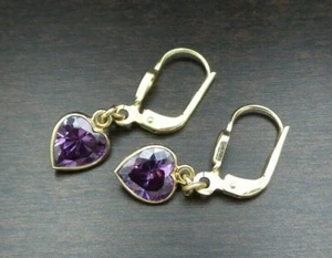 Beautiful Pair of Vintage 8K Gold & Amethyst Heart Leverback Earrings - Picture 1 of 9