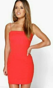 Boohoo Women Red Rachel Square Neck Lace Party Dress Bodycon Size 6 8 10 12 14 - Picture 1 of 4
