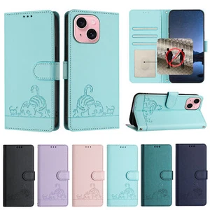 Case for iPhone 15 Plus 15 14 13 12 Cat PU Leather Flip Wallet Case Phone Cover - Picture 1 of 18