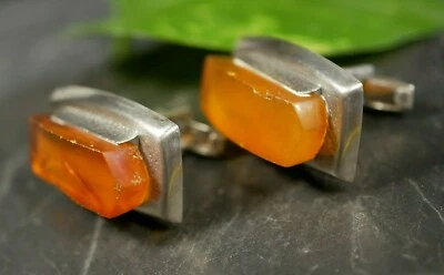 875 Silber Manschettenknöpfe Cufflinks Russland UDSSR Bernstein Viereck Signiert - Bild 1 von 4