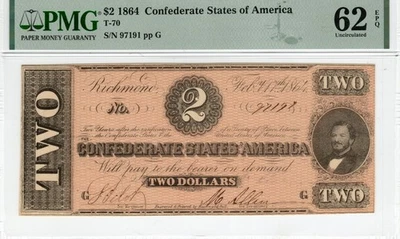 T-70 PF-5 1864 $2 Confederate Paper Money - PMG Uncirculated 62 EPQ! - Image 1 of 2