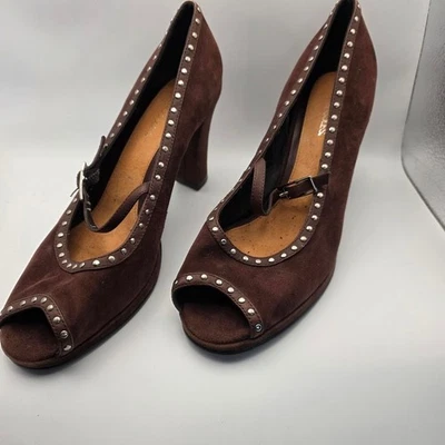 Aerosoles Tachonados Peep Toe Sueco Mary Jane Tacones Marrón Gamuza Cuero Zapatos Foto 1 de 4