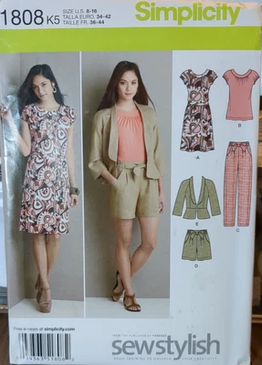 SIMPLICITY Pattern #1808 Misses' PANTS OR SHORTS, JACKET & KNIT DRESS/BELT UC/FF - Image 1 of 4