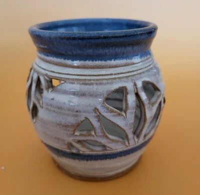 Carved  Art Stoneware Candleholder, Handmade w/ Potters Mark, 4.125" Tall - Изображение 1 из 2