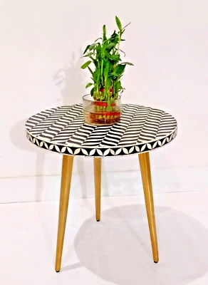 Handmade Bone Inlay Round Black Floral Side Table Bedside Stool - Image 1 of 4