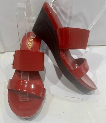 Sandalias Lauren Ralph Lauren 8 B Rhianna Rojo Patente Cuña Tacones Correa Deslizable B42 Foto 1 de 4