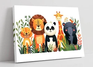 NIEDLICHE CARTOON SAFARI TIERE - GERAHMTE LEINWANDKUNST BILD DRUCK - Bild 1 von 2