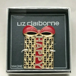 Liz Claiborne Weihnachtsgeschenk Kühlschrankmagnet rot gold Kristalle Schleife - Bild 1 von 4