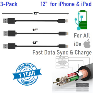 3 Pack 12" 1ft Short charger & Data Short USB Cable For iPhone 6,7,8,X,XS,XR,11