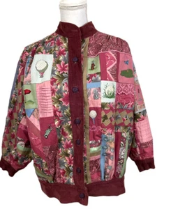 VTG 80s Handmade Patchwork Quilt Bomber Jacket Size L 80s Golf Lined OOAK - Picture 1 of 15