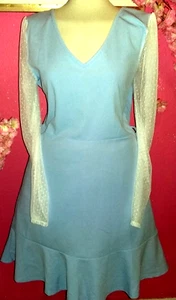 WOMEN PLUS SIZE BLUE LACE DOTS V NECK LONG SLEEVE MIDI DRESS ( SIZE UK16 ) - Picture 1 of 5