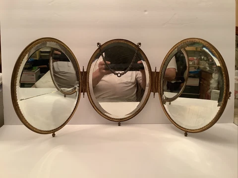 19TH C. ANTIQUE FRENCH TRIFOLD VANITY OVAL MIRROR BRONZE TAPESTRY BEVELED Cover