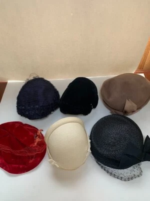 VTG  LOT OF 6 WOMENS HATS VARIOUS COLORS, STYLES, WOOL, VELVET, BEADED, WICKER - Image 1 of 4