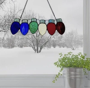 Multicolor Holiday Lights Stained Glass Window Panel - Picture 1 of 11