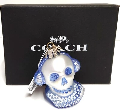 Ornamento pendurado caveira Coach Boney decoração de árvore vidro glitter azul novo na caixa - Imagem 1 de 4
