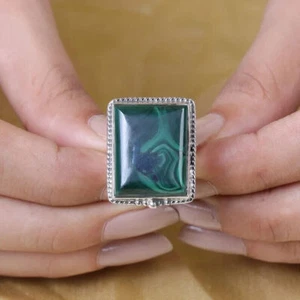 Verde Malachite Anello 925 Argento Sterling Artigianale Stile Bohemien Massiccio - Foto 1 di 11