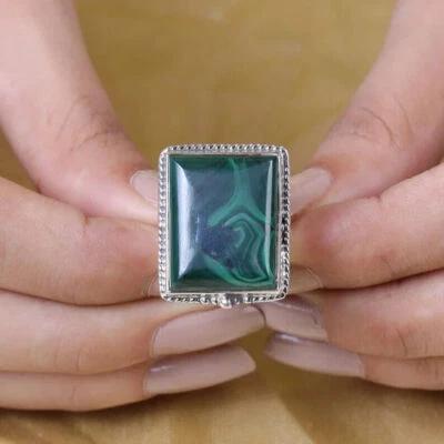 Verde Malachite Anello 925 Argento Sterling Artigianale Stile Bohemien Massiccio - Immagine 1 di 4
