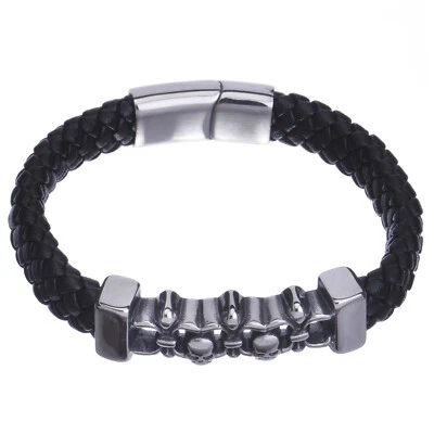Pulsera de cuero trenzado negro de acero inoxidable con calavera gótica para hombre moda SSB 912 Foto 1 de 4