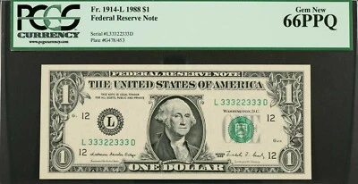 $1 FRN 1988 Super RADAR 33322333 Federal Reserve Note PCGS 66PPQ - Image 1 of 2