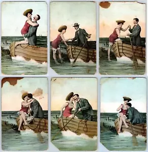 JUEGO/6 POSTALES ARRIESGADAS DE BARCO BELLEZA BAÑO PAREJA ROMÁNTICA AÑOS 1910 ¡VER ESTADO! - Imagen 1 de 8