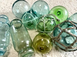 10 Authentic Japanese Antique Glass Fishing Floats Mix set , Imperfect - Picture 1 of 17