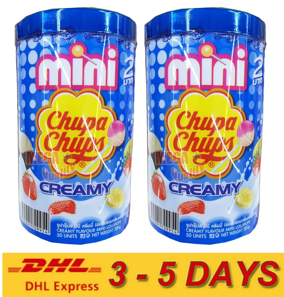 50 X 6g. Mini Chupa Chups Lollipops Blue Creamy Assorted Plastic Can 300g