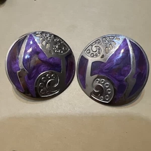 Vintage Edgar Berebi Purple And Silver Tone Enameled Round Circle Drop Earrings - Picture 1 of 4
